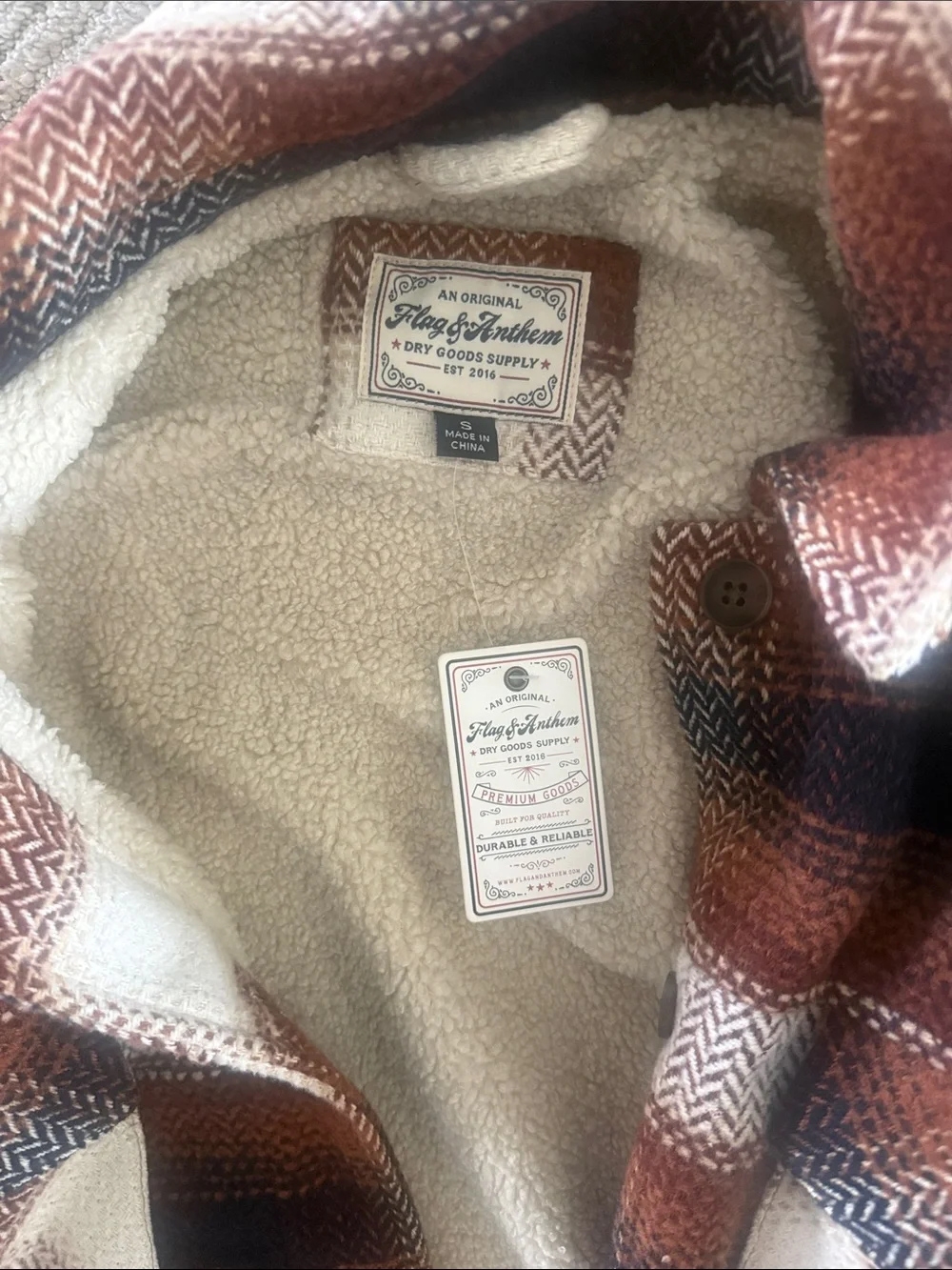 Flag & Anthem Sherpa-Lined Plaid Shacket in Rust, Navy & Cream  NWT small